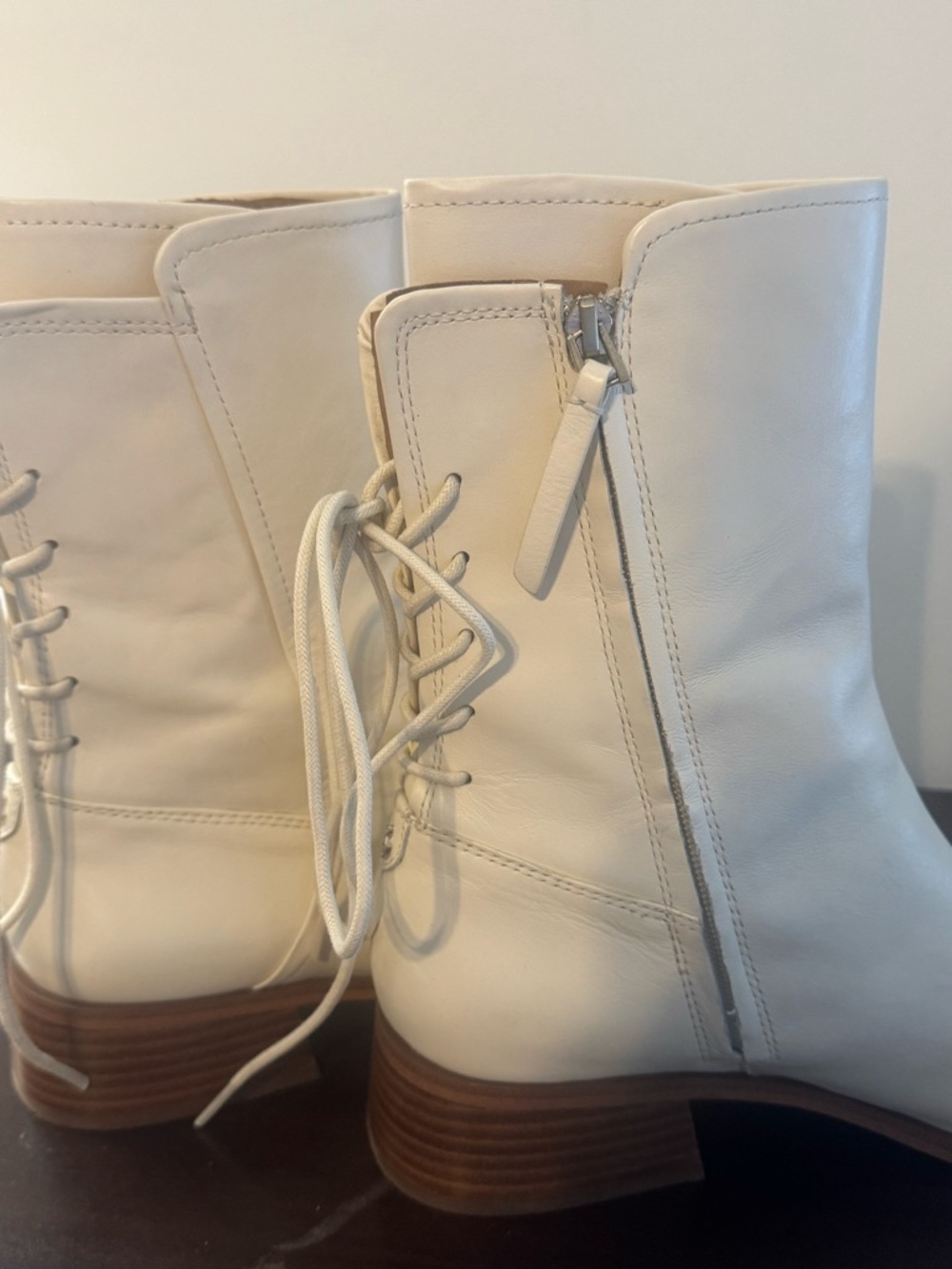 Sam Edelman Cream Lace-Up Mid-Calf Leather Boots - Picture 5 of 7